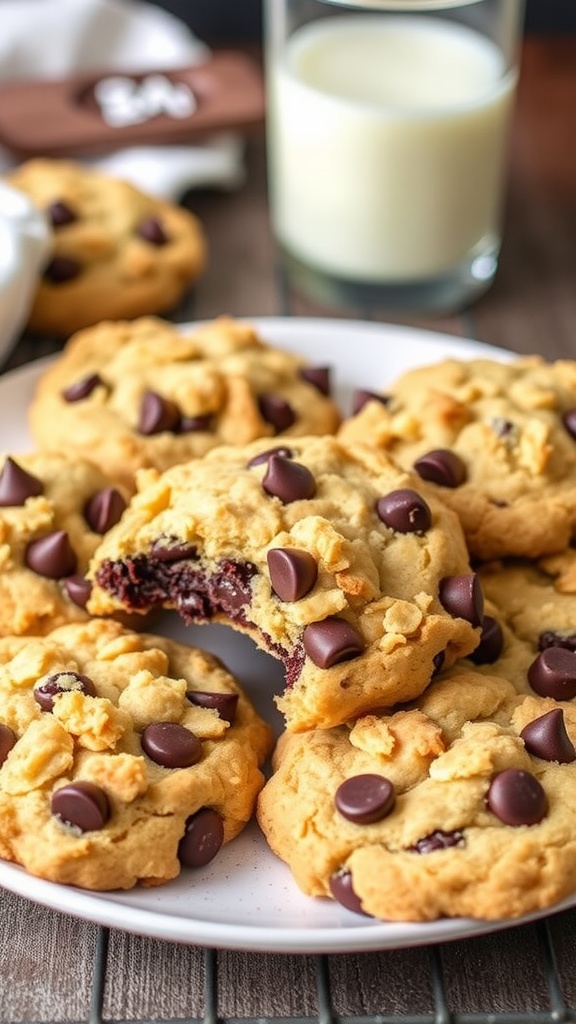 Delicious chocolate chip crumble cookies on a plate with a glass of milk.